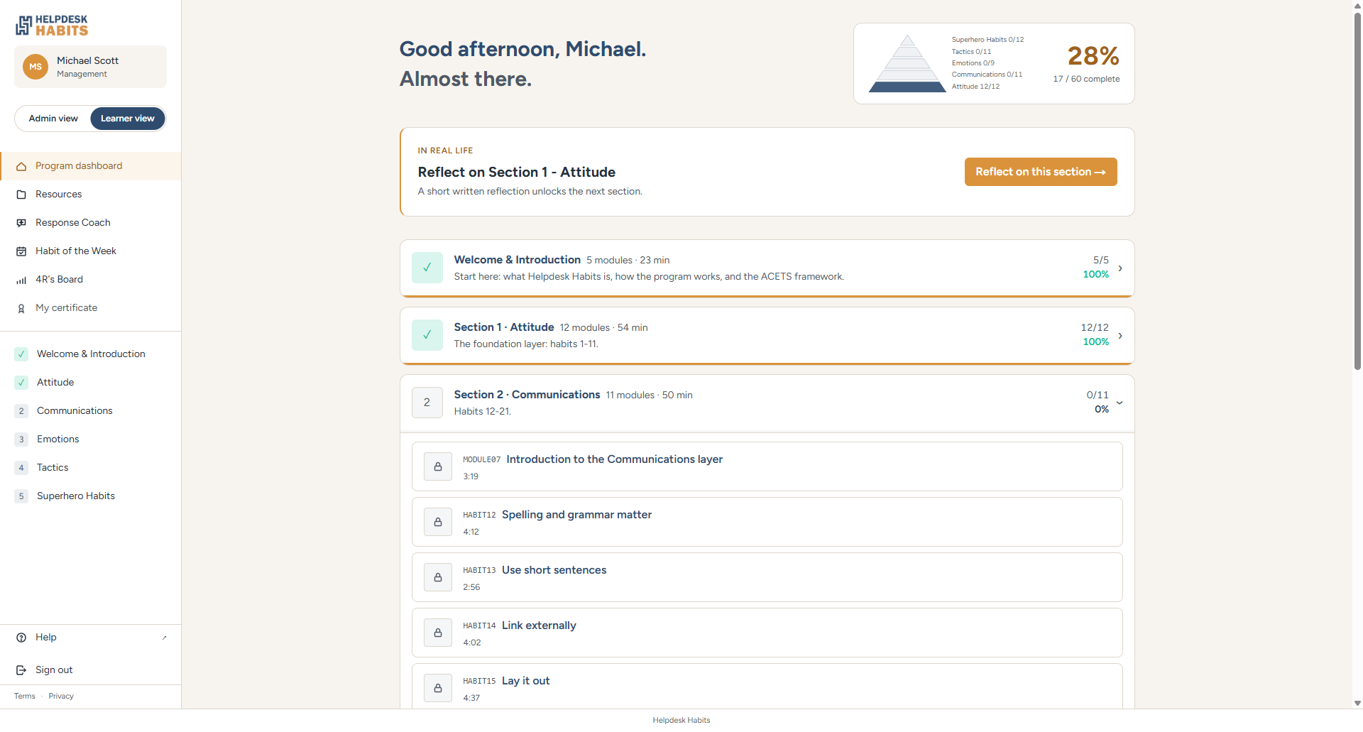The learner dashboard, showing progress through the five ACETS layers